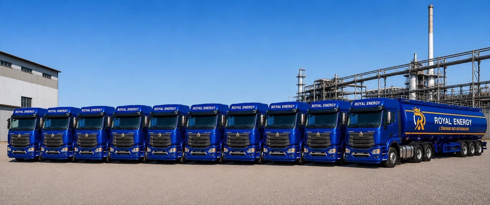 Flotte de camions-citernes Royal Energy alignés devant une installation de raffinage